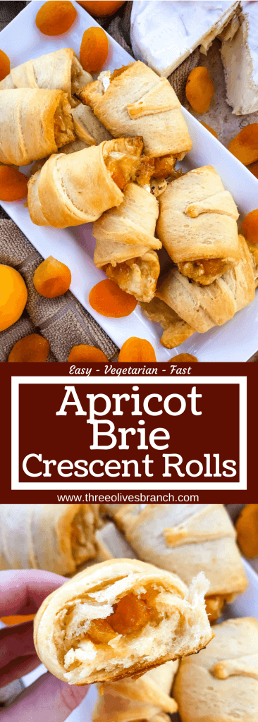 Apricot Brie Crescent Rolls are a cheese crescent roll recipe filled with apricot jam, dried apricots, and brie cheese. Fast and easy sweet bread recipe. #crescentrolls #cheesycrescentrolls #driedapricots