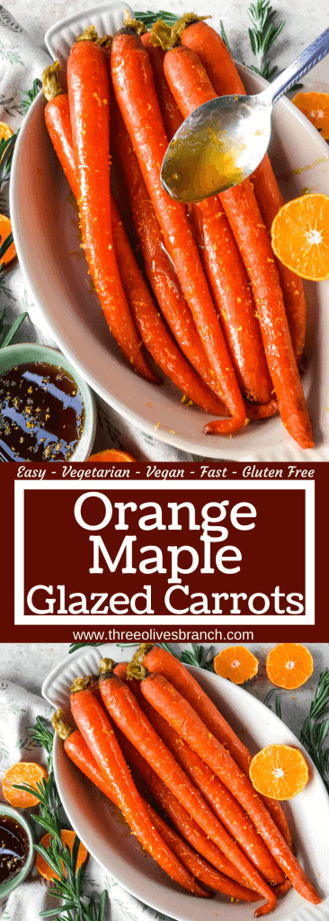 Orange Maple Glazed Carrots are a fast and simple side dish recipe ready in 20 minutes! Perfect for holiday dinners like Easter. Fresh and sweet flavors of orange and maple syrup in a simple sauce. Gluten free and vegan. #glazedcarrots #easterrecipes #sidedishrecipes