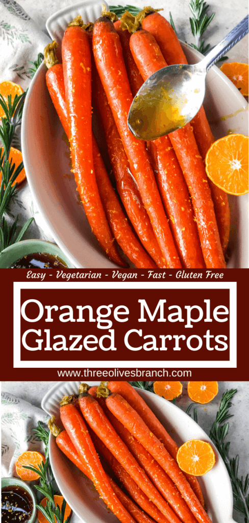 Orange Maple Glazed Carrots are a fast and simple side dish recipe ready in 20 minutes! Perfect for holiday dinners like Easter. Fresh and sweet flavors of orange and maple syrup in a simple sauce. Gluten free and vegan. #glazedcarrots #easterrecipes #sidedishrecipes