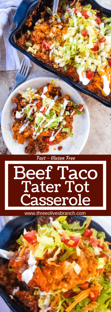 Beef Taco Tater Tot Casserole is a cheesy beef casserole seasoned like tacos with cheddar cheese and potato tater tots. Topped with all the taco toppings. An easy dinner idea for busy nights for the family. #beefcasserole #beeftacos #hamburgercasserole