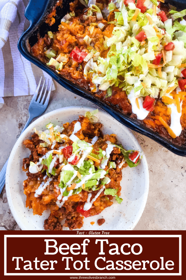 Beef Taco Tater Tot Casserole is a cheesy beef casserole seasoned like tacos with cheddar cheese and potato tater tots. Topped with all the taco toppings. An easy dinner idea for busy nights for the family. #beefcasserole #beeftacos #hamburgercasserole