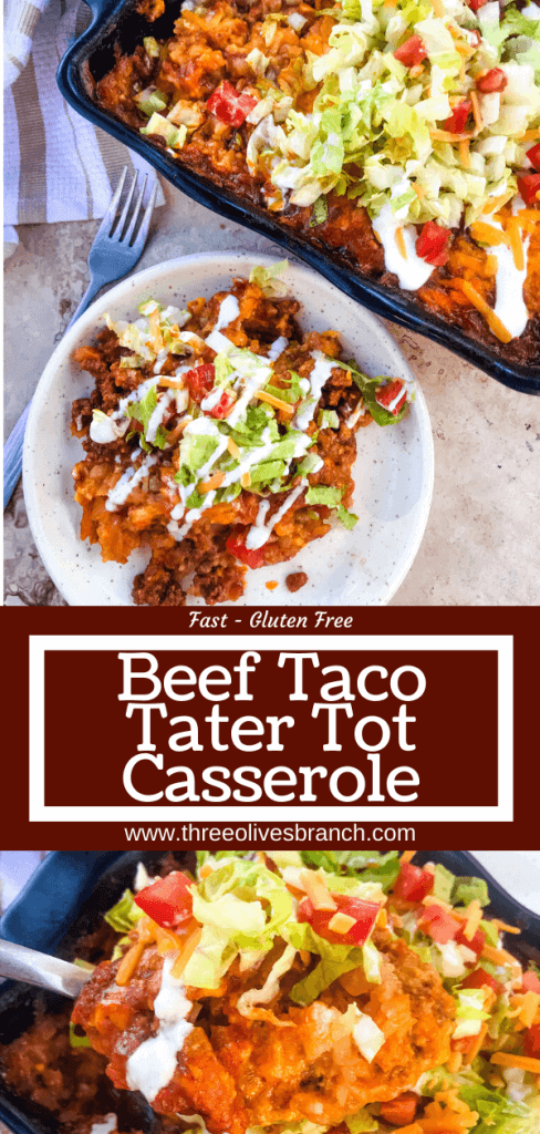 Beef Taco Tater Tot Casserole is a cheesy beef casserole seasoned like tacos with cheddar cheese and potato tater tots. Topped with all the taco toppings. An easy dinner idea for busy nights for the family. #beefcasserole #beeftacos #hamburgercasserole