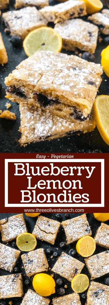 Lemon Blueberry Blondie Recipe is a cross between soft cookie bar and brownie filled with fresh blueberries and lemon. A great spring dessert. #blondies #blueberrylemon