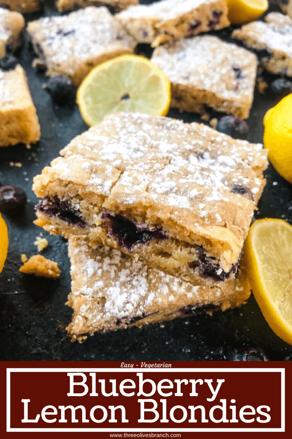 Lemon Blueberry Blondie Recipe is a cross between soft cookie bar and brownie filled with fresh blueberries and lemon. A great spring dessert. #blondies #blueberrylemon