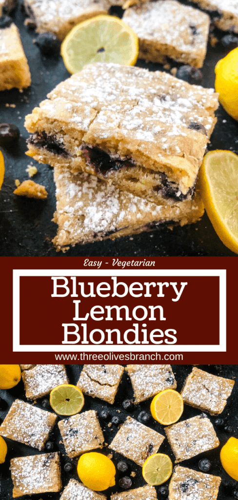 Lemon Blueberry Blondie Recipe is a cross between soft cookie bar and brownie filled with fresh blueberries and lemon. A great spring dessert. #blondies #blueberrylemon