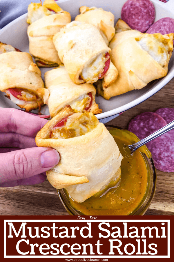 Cheesy Mustard Salami Crescent Rolls are filled with Margherita® Genoa Salami, cheese, and a simple mustard sauce served with more mustard sauce for dipping! An easy and fast appetizer recipe for party entertaining and game day or snack. #crescentrolls #salami #appetizerrecipes