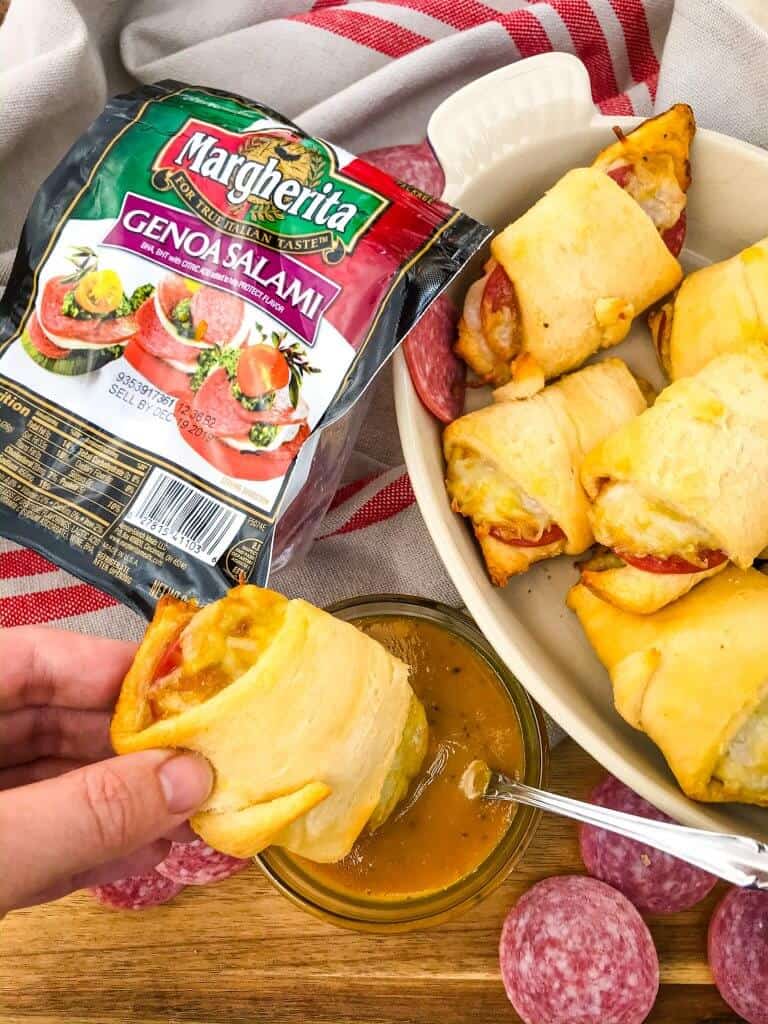 Cheesy Mustard Salami Crescent Rolls are filled with Margherita® Genoa Salami, cheese, and a simple mustard sauce served with more mustard sauce for dipping! An easy and fast appetizer recipe for party entertaining and game day or snack. #crescentrolls #salami #appetizerrecipes