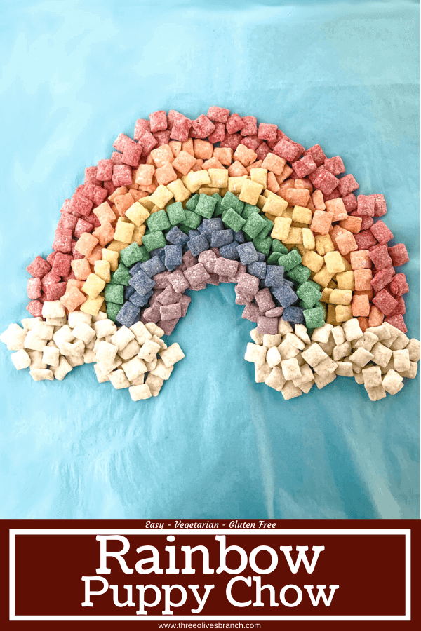 Rainbow Puppy Chow recipe is a colorful dessert perfect for a unicorn rainbow party, St Patrick's Day, or Pride month. Gluten free and vegetarian. #rainbowpuppychowrecipe #puppychow #rainbow #unicorn #pride