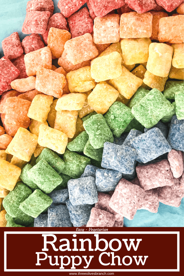 Rainbow Puppy Chow recipe is a colorful dessert perfect for a unicorn rainbow party, St Patrick's Day, or Pride month. Gluten free and vegetarian. #rainbowpuppychowrecipe #puppychow #rainbow #unicorn #pride