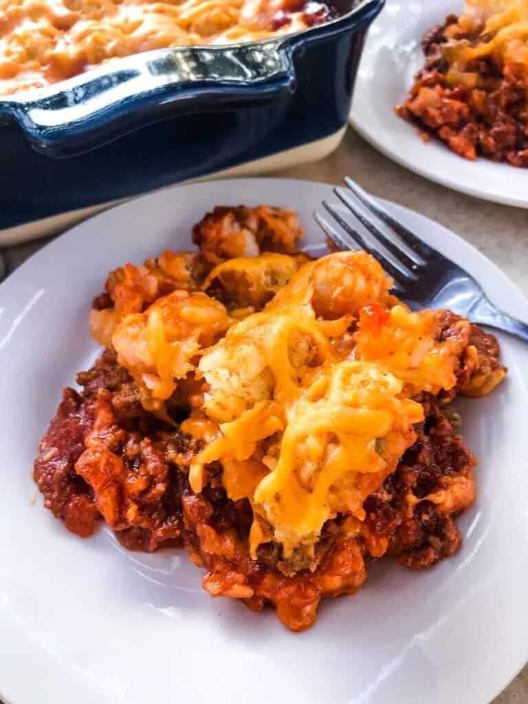 A plate with some of the ground beef casserole on it