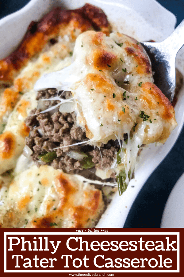 Philly Cheesesteak Tater Tot Casserole is a cheesy beef casserole recipe mixed with onion, green bell pepper, provolone cheese, and potato tater tots. An easy dinner idea for busy nights for the family. #beefcasserole #cheesesteak #hamburgercasserole