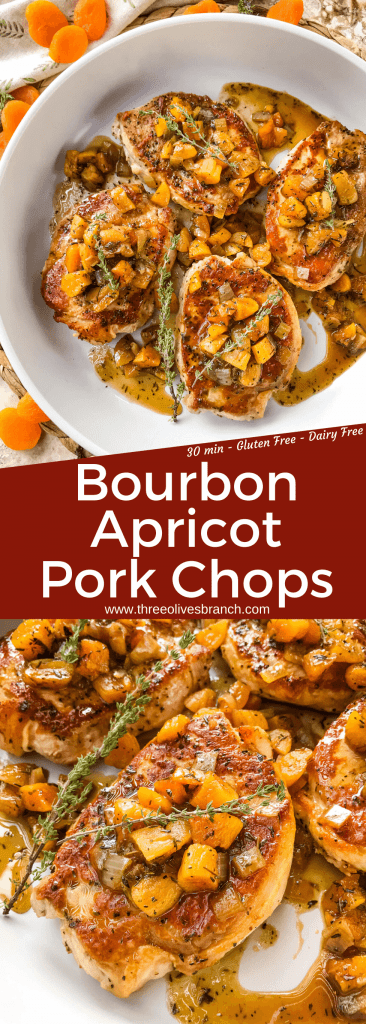 Stove top Bourbon Apricot Pork Chops recipe is a fast weeknight dinner made in one pot. A pan sauce of bourbon and dried apricots with seared pork served with rice, potatoes, or vegetables. Gluten free and dairy free, ready in 30 minutes. Easy pan seared pork chops. #porkchops #stovetopporkchops