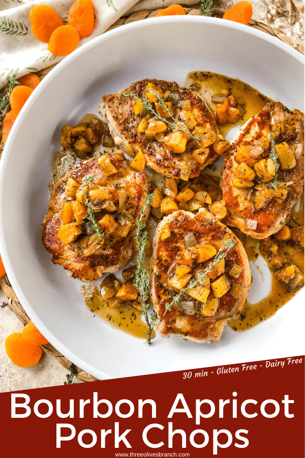 Stove top Bourbon Apricot Pork Chops recipe is a fast weeknight dinner made in one pot. A pan sauce of bourbon and dried apricots with seared pork served with rice, potatoes, or vegetables. Gluten free and dairy free, ready in 30 minutes. Easy pan seared pork chops. #porkchops #stovetopporkchops