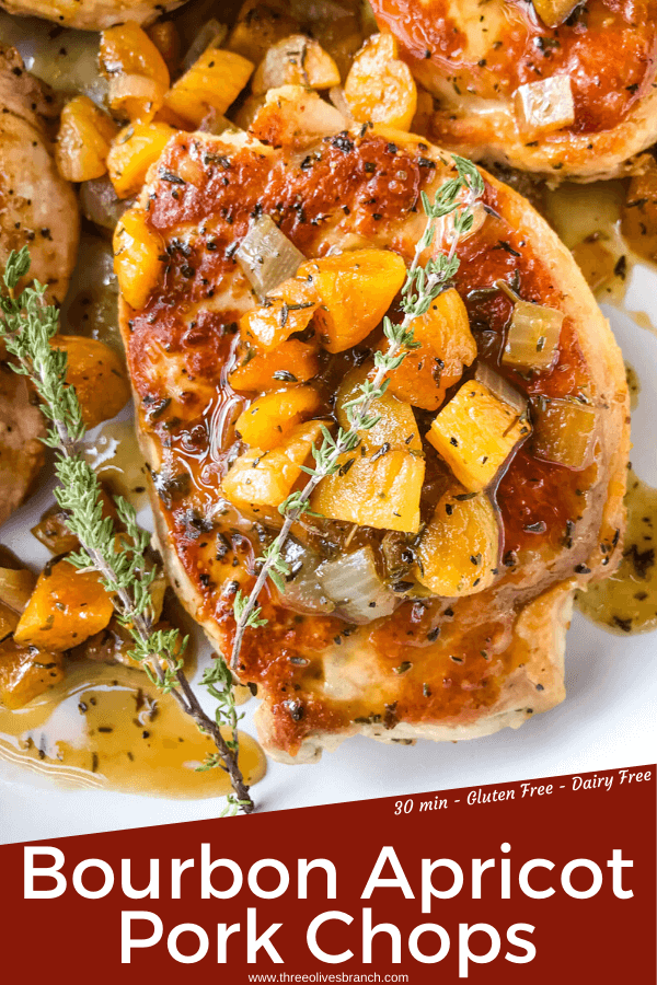 Stove top Bourbon Apricot Pork Chops recipe is a fast weeknight dinner made in one pot. A pan sauce of bourbon and dried apricots with seared pork served with rice, potatoes, or vegetables. Gluten free and dairy free, ready in 30 minutes. Easy pan seared pork chops. #porkchops #stovetopporkchops