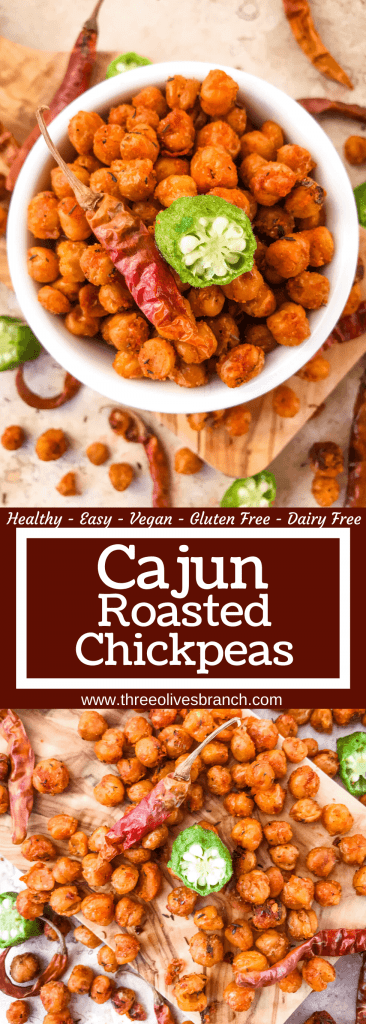 Cajun Roasted Chickpeas are a simple and easy spicy snack recipe. Vegetarian, vegan, gluten free, dairy free. Cajun spices flavor these crunchy garbanzo beans. Great for Mardi Gras, game day, appetizers, parties, and snacks. #roastedchickpeas #healthysnack #cajun