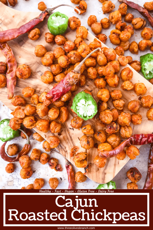 Cajun Roasted Chickpeas are a simple and easy spicy snack recipe. Vegetarian, vegan, gluten free, dairy free. Cajun spices flavor these crunchy garbanzo beans. Great for Mardi Gras, game day, appetizers, parties, and snacks. #roastedchickpeas #healthysnack #cajun