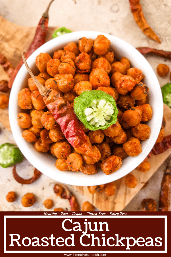 Cajun Roasted Chickpeas are a simple and easy spicy snack recipe. Vegetarian, vegan, gluten free, dairy free. Cajun spices flavor these crunchy garbanzo beans. Great for Mardi Gras, game day, appetizers, parties, and snacks. #roastedchickpeas #healthysnack #cajun