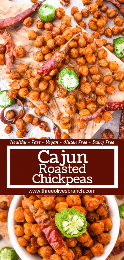 Cajun Roasted Chickpeas are a simple and easy spicy snack recipe. Vegetarian, vegan, gluten free, dairy free. Cajun spices flavor these crunchy garbanzo beans. Great for Mardi Gras, game day, appetizers, parties, and snacks. #roastedchickpeas #healthysnack #cajun