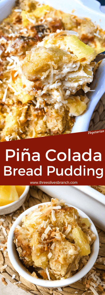 Pina Colada Bread Pudding is full of pineapple, coconut, and rum in a simple dessert recipe. A sweet take on the rum cocktail. #pineapplecoconut #pinacolada #breadpudding