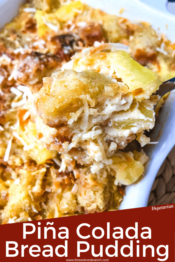 Pina Colada Bread Pudding is full of pineapple, coconut, and rum in a simple dessert recipe. A sweet take on the rum cocktail. #pineapplecoconut #pinacolada #breadpudding