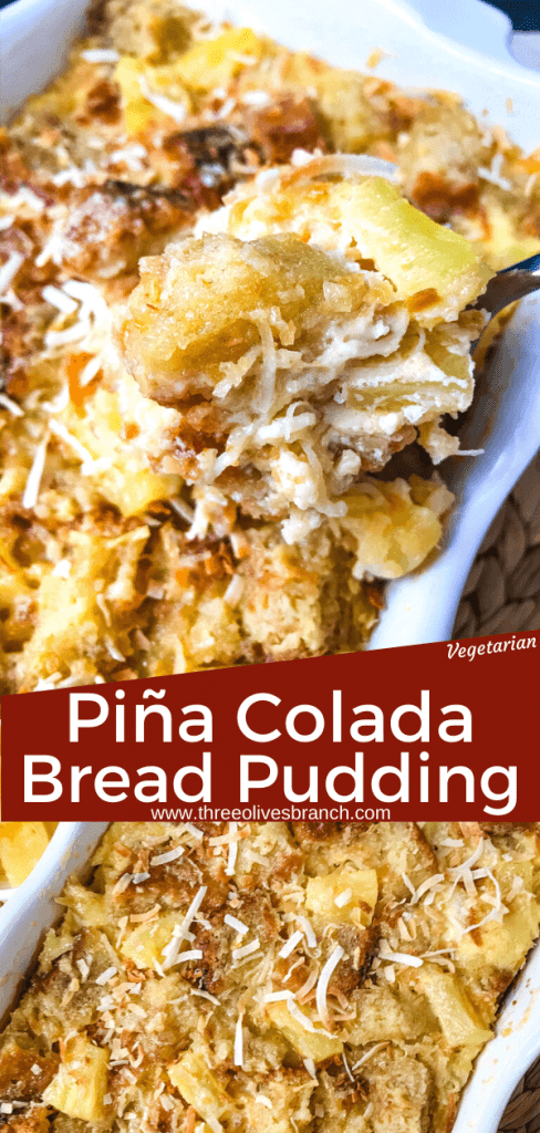 Pina Colada Bread Pudding is full of pineapple, coconut, and rum in a simple dessert recipe. A sweet take on the rum cocktail. #pineapplecoconut #pinacolada #breadpudding