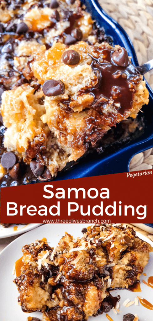 Samoa Bread Pudding is full of Samoa Girl Scout Cookie flavors of caramel, chocolate, and coconut in a simple dessert recipe. #girlscoutcookies #samoas #breadpudding