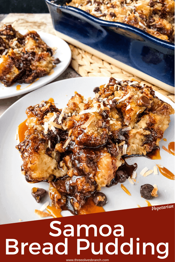 Samoa Bread Pudding is full of Samoa Girl Scout Cookie flavors of caramel, chocolate, and coconut in a simple dessert recipe. #girlscoutcookies #samoas #breadpudding