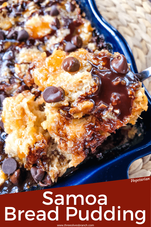 Samoa Bread Pudding is full of Samoa Girl Scout Cookie flavors of caramel, chocolate, and coconut in a simple dessert recipe. #girlscoutcookies #samoas #breadpudding