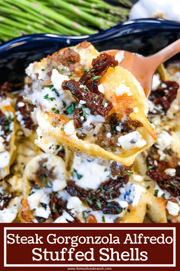 pin image for Steak Gorgonzola Alfredo Stuffed Shells