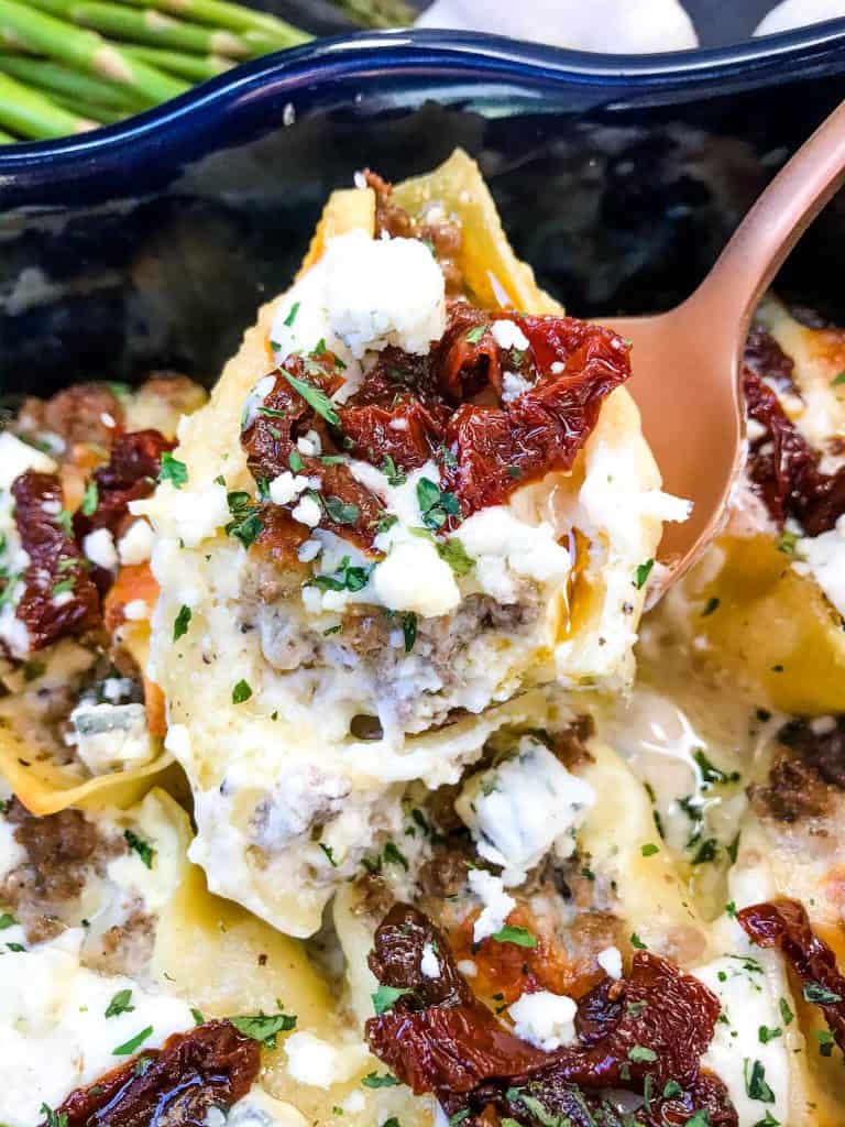 The inside of a Steak Gorgonzola Alfredo Stuffed Shell