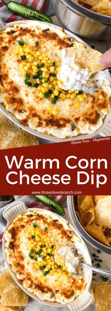 Warm Corn Cheese Dip is packed with three cheeses and corn for a fast and easy appetizer recipe. It takes just minutes to make this vegetarian and gluten free corn dip for a party, game day, or holiday appetizer. #corndip #cheesedip