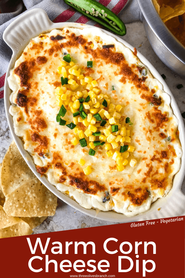 Warm Corn Cheese Dip is packed with three cheeses and corn for a fast and easy appetizer recipe. It takes just minutes to make this vegetarian and gluten free corn dip for a party, game day, or holiday appetizer. #corndip #cheesedip