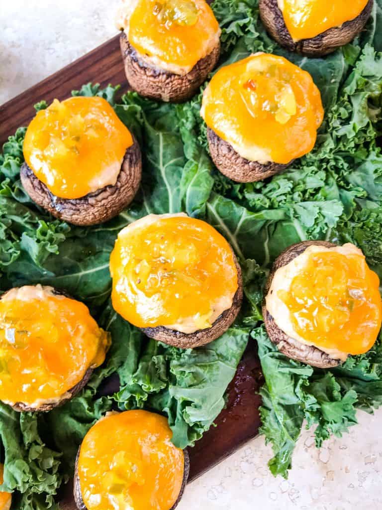 Top view of Tuna Melt Stuffed Mushrooms