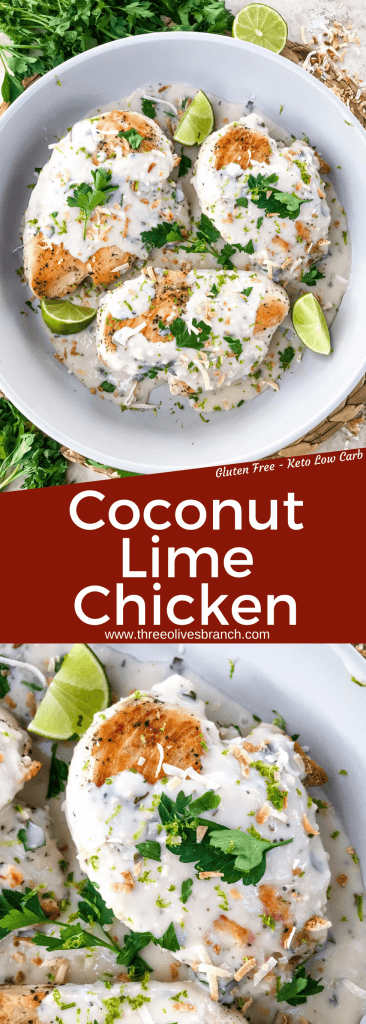 Coconut Lime Chicken is ready in 30 minutes! A skillet chicken recipe with a quick coconut lime pan sauce. Dairy free, gluten free, and keto low carb. Fast easy chicken dinner. #chickenrecipes #30minutemeals #coconutchicken