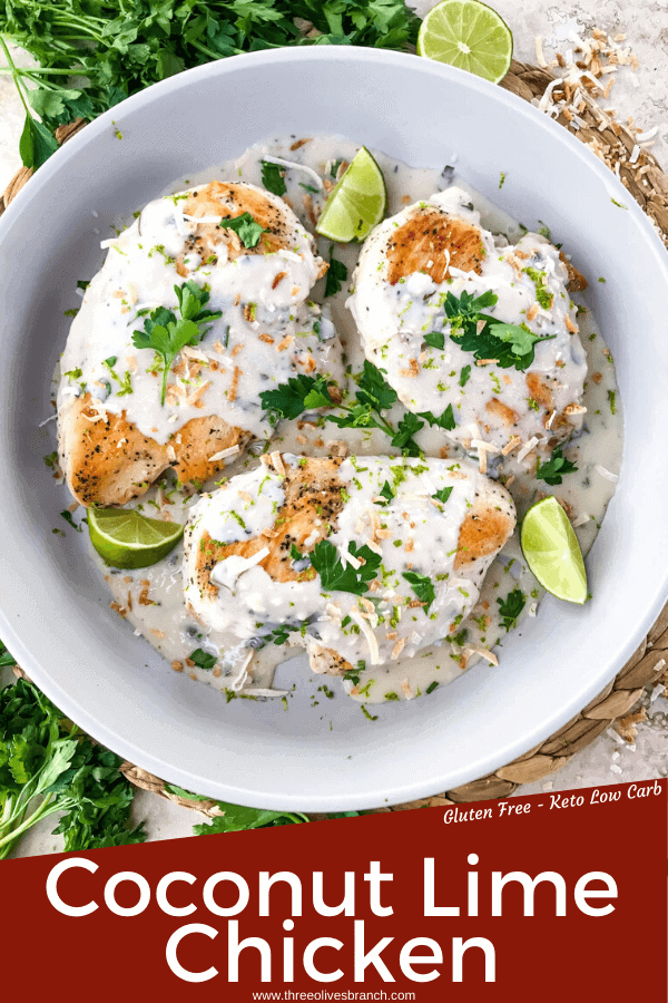 Coconut Lime Chicken is ready in 30 minutes! A skillet chicken recipe with a quick coconut lime pan sauce. Dairy free, gluten free, and keto low carb. Fast easy chicken dinner. #chickenrecipes #30minutemeals #coconutchicken