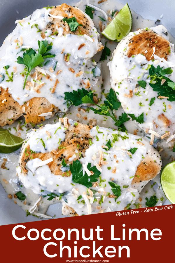 Coconut Lime Chicken is ready in 30 minutes! A skillet chicken recipe with a quick coconut lime pan sauce. Dairy free, gluten free, and keto low carb. Fast easy chicken dinner. #chickenrecipes #30minutemeals #coconutchicken