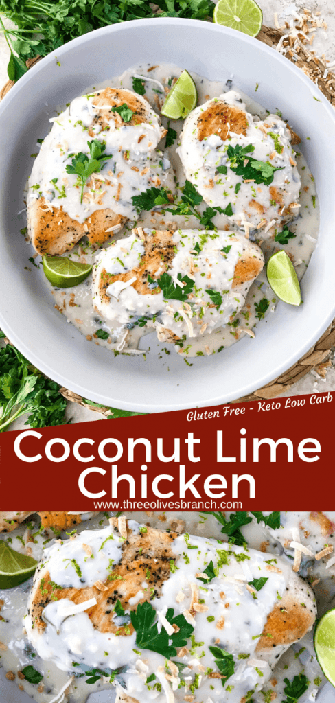 Coconut Lime Chicken is ready in 30 minutes! A skillet chicken recipe with a quick coconut lime pan sauce. Dairy free, gluten free, and keto low carb. Fast easy chicken dinner. #chickenrecipes #30minutemeals #coconutchicken