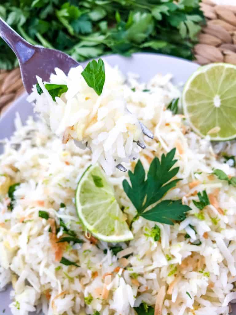 Coconut Lime Rice is a tropical side dish recipe made with coconut milk, toasted coconut flakes, and fresh lime. Vegan, vegetarian, and gluten free. Also can be made in a rice cooker or Instant Pot. #coconutrice #coconutlime #ricerecipes