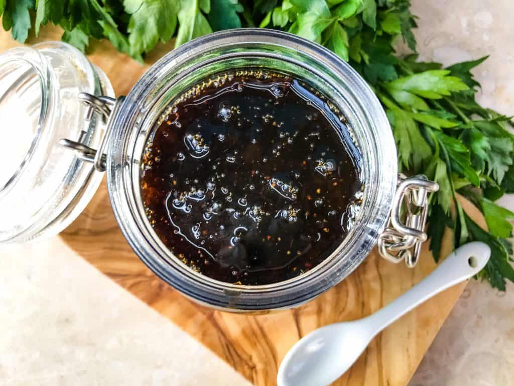 Top view of the sauce in a glass pot