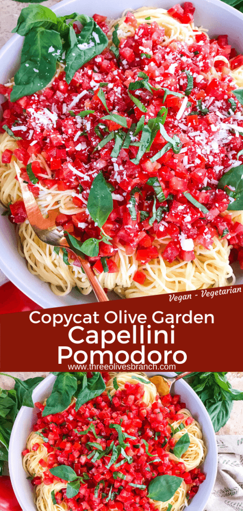 Copycat Olive Garden Capellini Pomodoro is a fresh, easy tomato basil pasta. Fresh tomatoes and basil on angel hair pasta to replicate the vegan Italian pasta restaurant recipes. #olivegardenrecipes #copycat #tomatopasta #tomatobasil