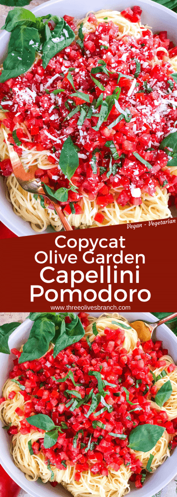 Copycat Olive Garden Capellini Pomodoro is a fresh, easy tomato basil pasta. Fresh tomatoes and basil on angel hair pasta to replicate the vegan Italian pasta restaurant recipes. #olivegardenrecipes #copycat #tomatopasta #tomatobasil