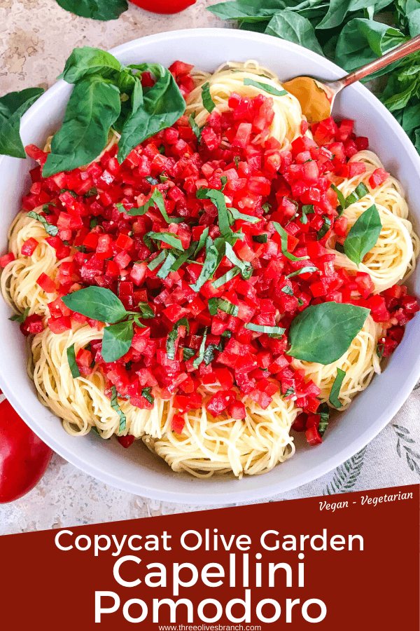 Copycat Olive Garden Capellini Pomodoro is a fresh, easy tomato basil pasta. Fresh tomatoes and basil on angel hair pasta to replicate the vegan Italian pasta restaurant recipes. #olivegardenrecipes #copycat #tomatopasta #tomatobasil