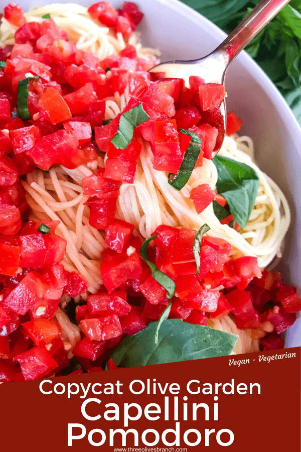 Copycat Olive Garden Capellini Pomodoro is a fresh, easy tomato basil pasta. Fresh tomatoes and basil on angel hair pasta to replicate the vegan Italian pasta restaurant recipes. #olivegardenrecipes #copycat #tomatopasta #tomatobasil