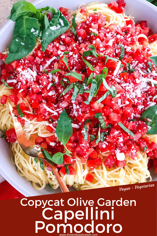 Copycat Olive Garden Capellini Pomodoro is a fresh, easy tomato basil pasta. Fresh tomatoes and basil on angel hair pasta to replicate the vegan Italian pasta restaurant recipes. #olivegardenrecipes #copycat #tomatopasta #tomatobasil