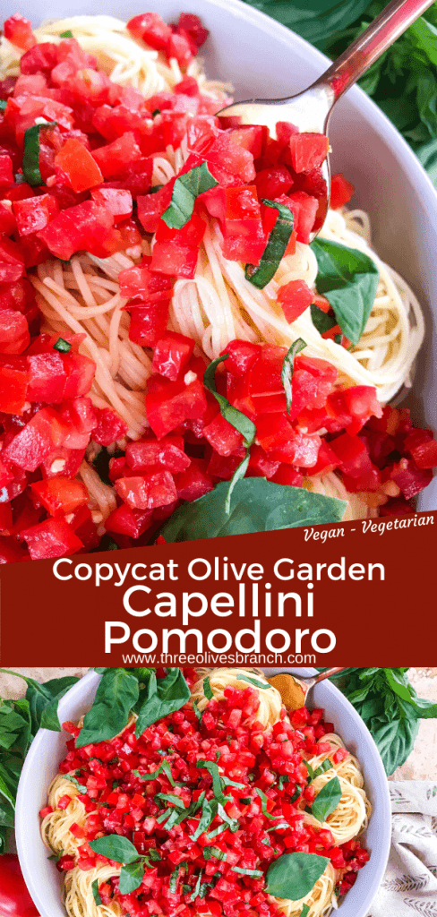 Copycat Olive Garden Capellini Pomodoro is a fresh, easy tomato basil pasta. Fresh tomatoes and basil on angel hair pasta to replicate the vegan Italian pasta restaurant recipes. #olivegardenrecipes #copycat #tomatopasta #tomatobasil