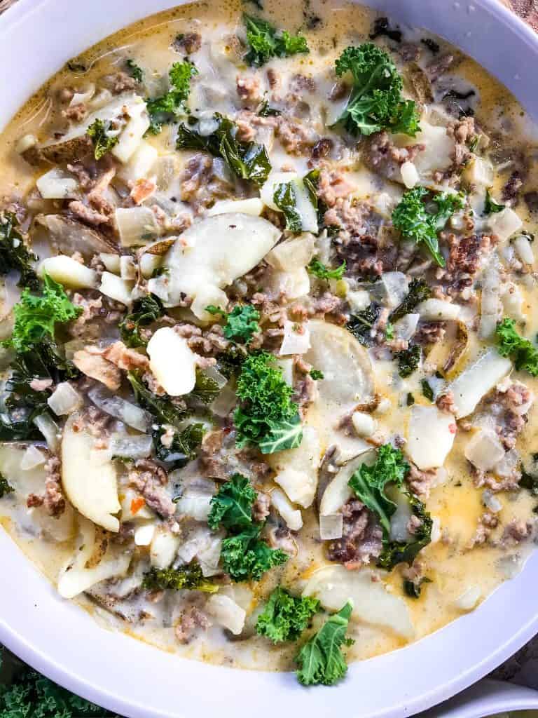 Copycat Olive Garden Zuppa Toscana in a white bowl from the top view