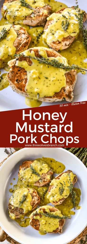 Get these Creamy Honey Mustard Pork Chops on the table in just 30 minutes! Pan seared pork chops are topped with a simple honey mustard pan sauce. Gluten free. Serve with rice, potatoes, or vegetables. #honeymustard #porkchops #30minutemeals