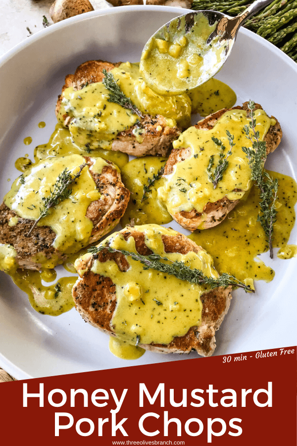 Get these Creamy Honey Mustard Pork Chops on the table in just 30 minutes! Pan seared pork chops are topped with a simple honey mustard pan sauce. Gluten free. Serve with rice, potatoes, or vegetables. #honeymustard #porkchops #30minutemeals