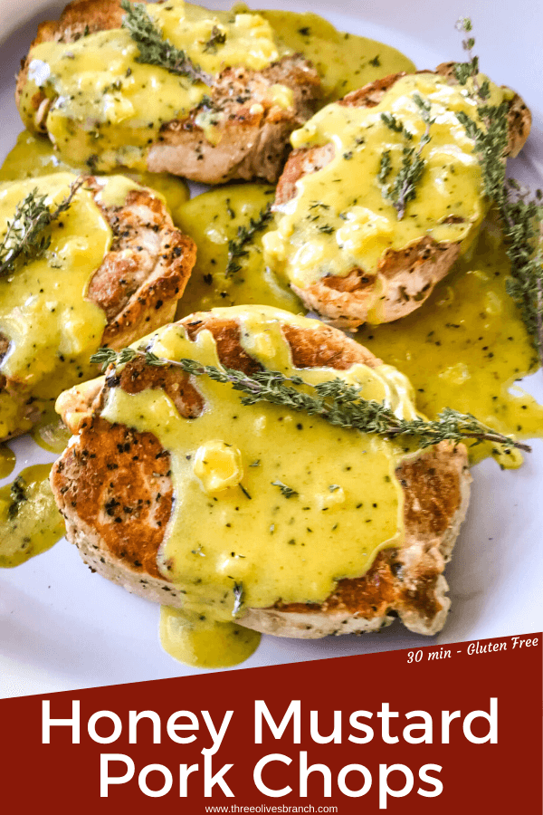 Get these Creamy Honey Mustard Pork Chops on the table in just 30 minutes! Pan seared pork chops are topped with a simple honey mustard pan sauce. Gluten free. Serve with rice, potatoes, or vegetables. #honeymustard #porkchops #30minutemeals