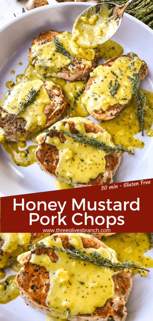 Get these Creamy Honey Mustard Pork Chops on the table in just 30 minutes! Pan seared pork chops are topped with a simple honey mustard pan sauce. Gluten free. Serve with rice, potatoes, or vegetables. #honeymustard #porkchops #30minutemeals